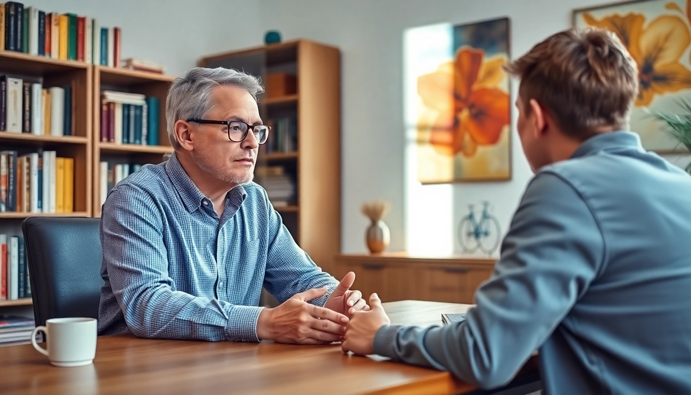 Engaging attachment theory specialist guiding a client in a serene office setting.
