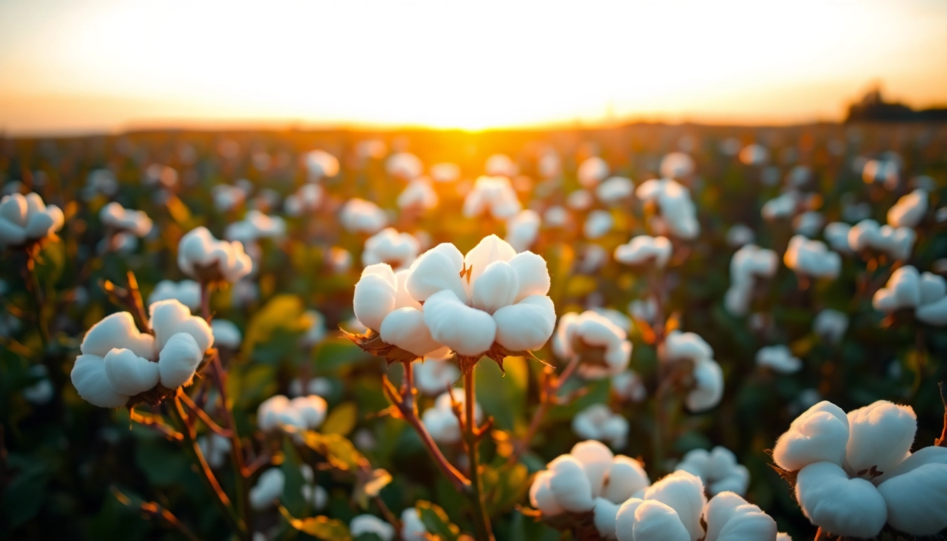 Katoen planten met witte bollen in een zonsondergang veld.