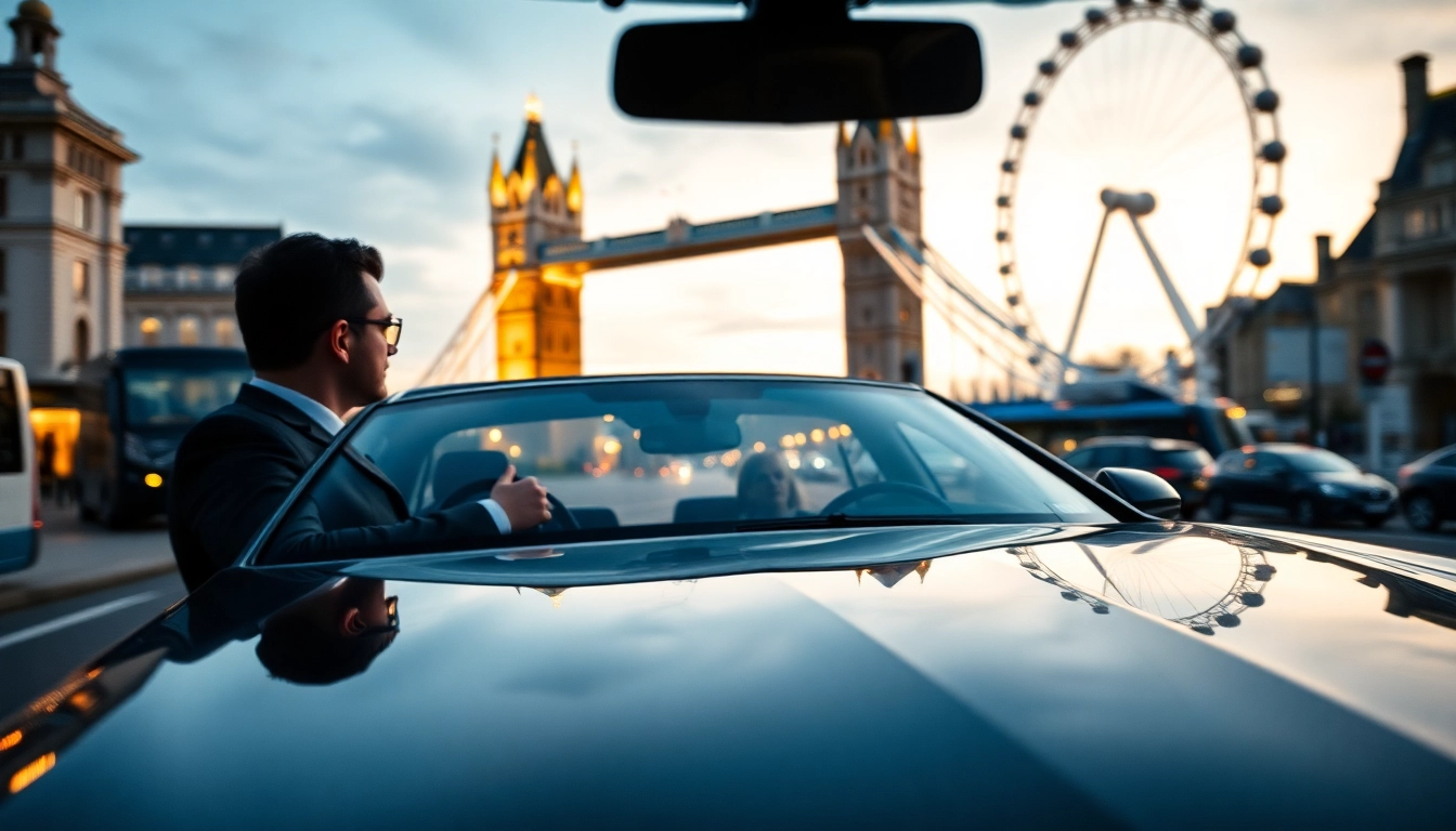Experience chauffeur hire london with a luxury vehicle against iconic London landmarks.