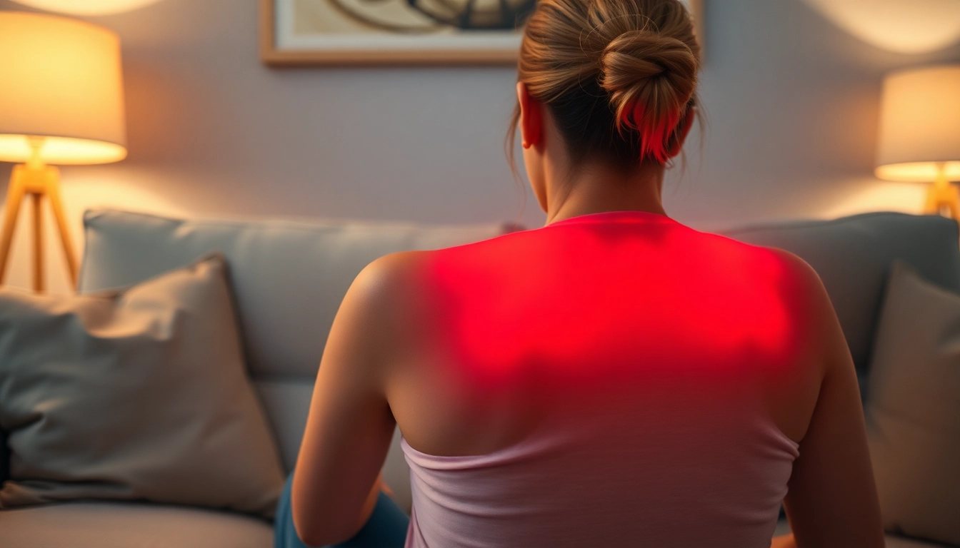 Using a red light therapy wrap for pain relief in a cozy home environment.