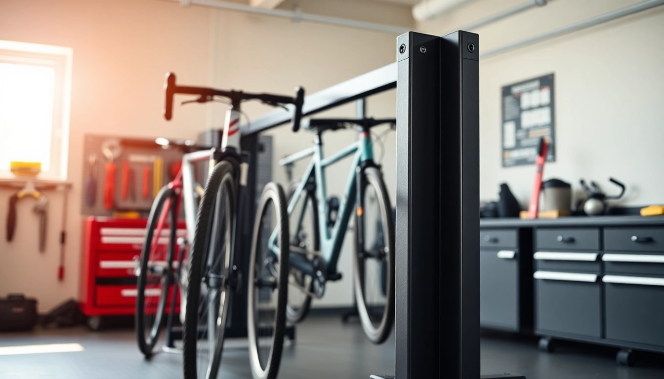 Manage your Compact bike storage efficiently with an organized vertical rack in a modern garage setting.