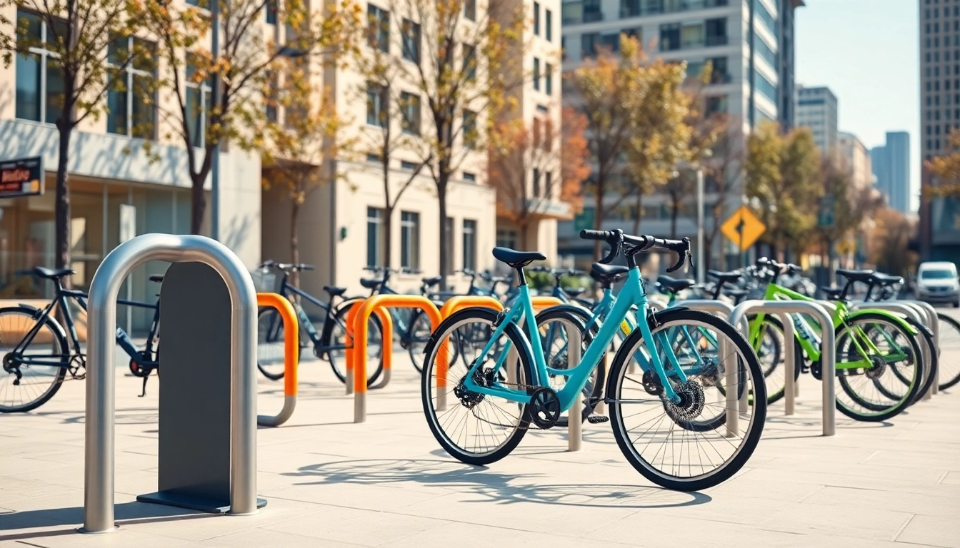Urban bike storage solutions showcased in a modern city with organized bike racks.