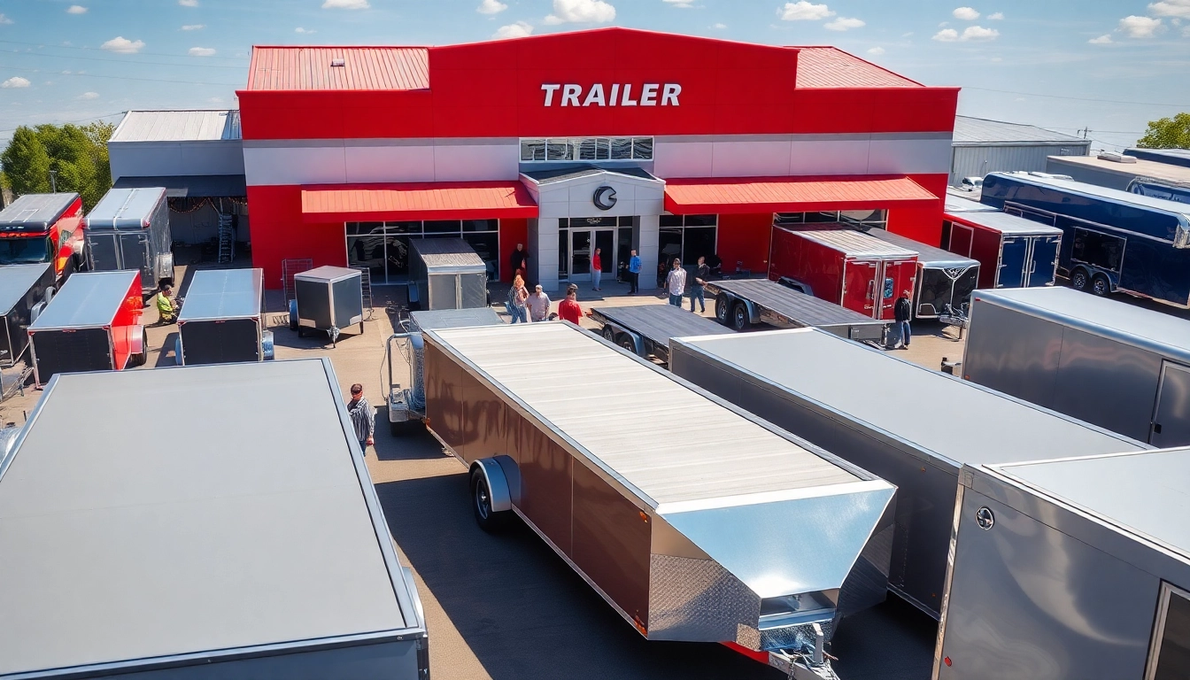 Find various trailers near me at a bustling dealership featured in a bright setting.