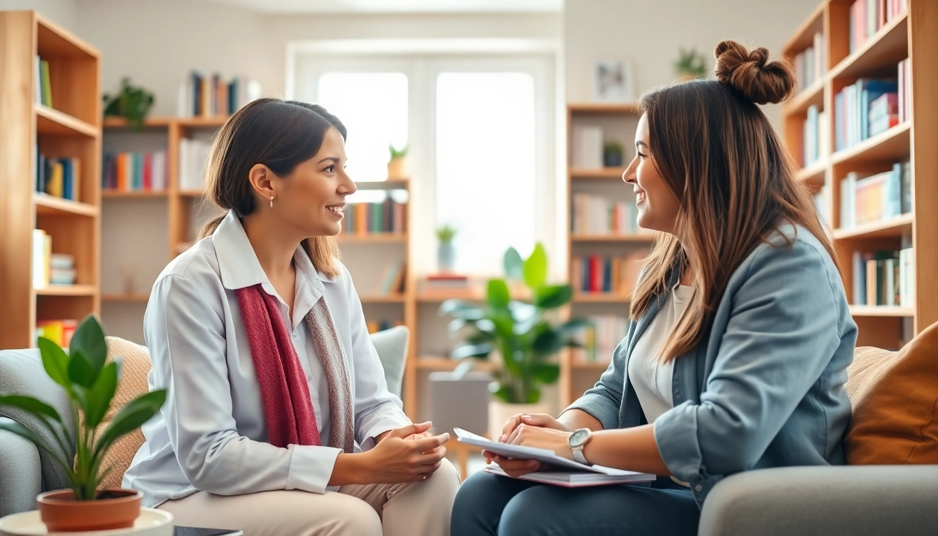 Engaging counselling session between a therapist and client in a serene office.
