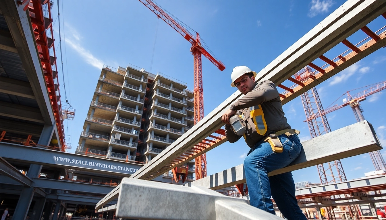 Structural steel installation showcasing a skilled worker positioning steel beams at a construction site.