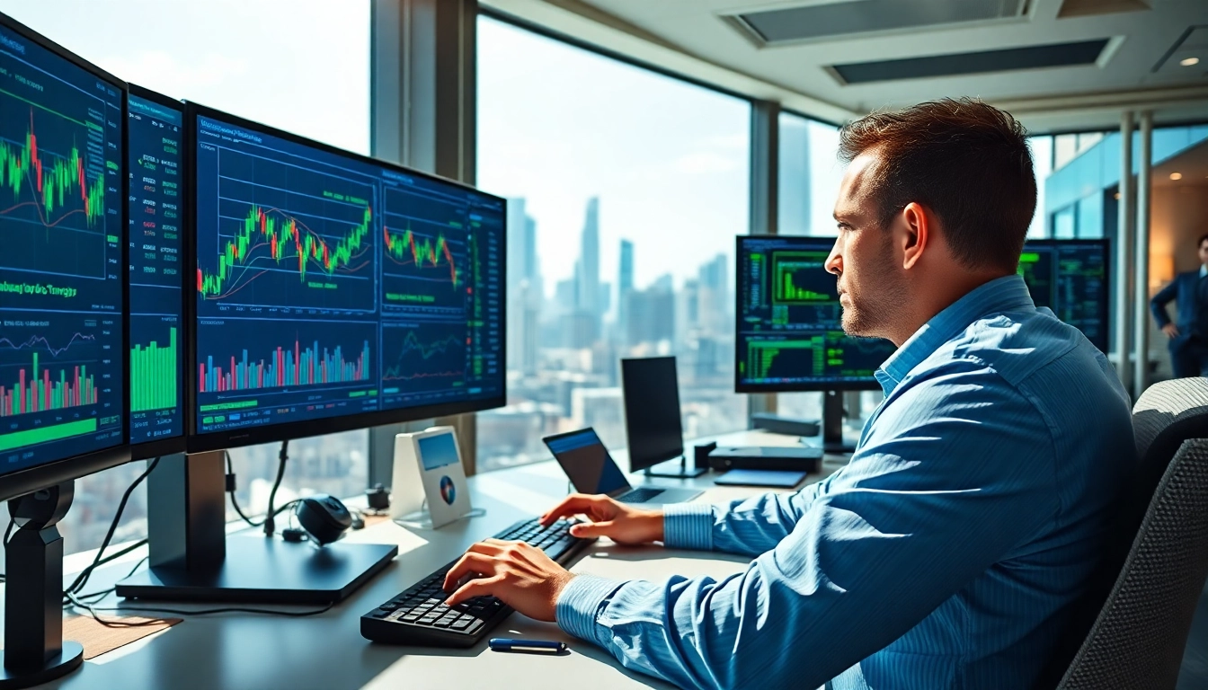 Trader focused on automated trading strategies while analyzing data on multiple screens in a modern office.