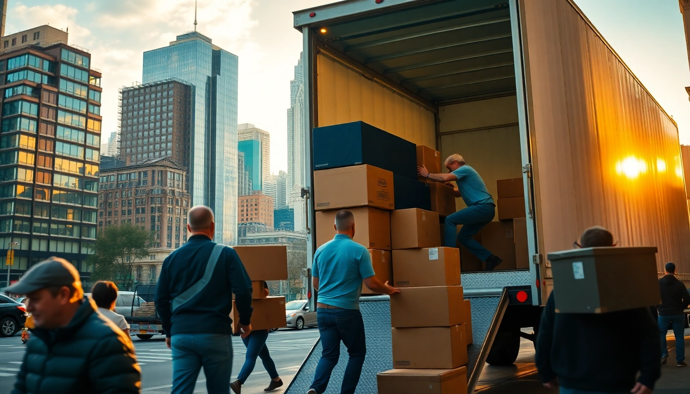 Movers nyc expertly packing and loading furniture into a truck with a NYC skyline in the background.